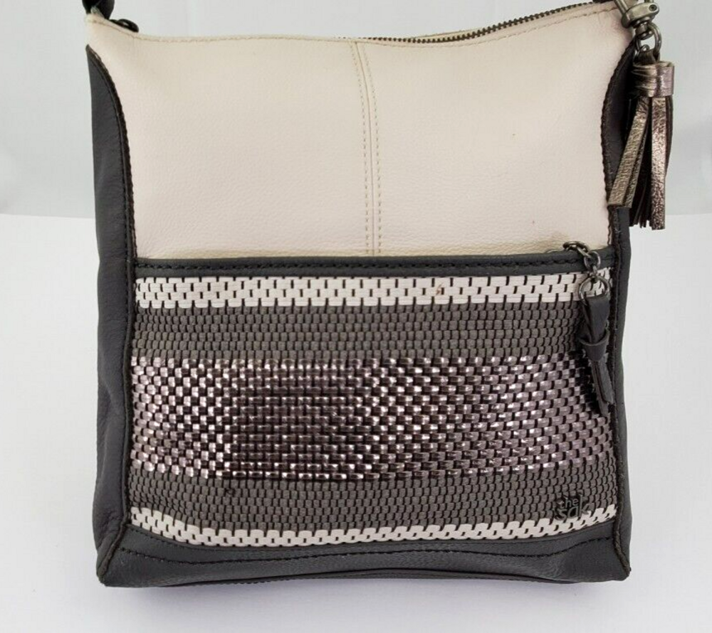 THE SAK Iris Pebbled Leather Woven Off-White/Metallic Crossbody Shoulder Bag
